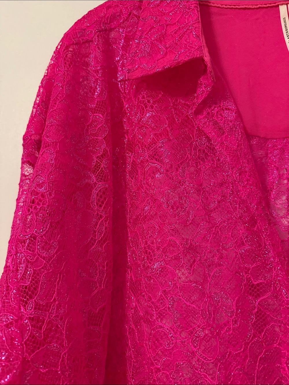 Anthro Anthropologie Glitter Lurex Hot Pink Lace Button Up Blouse Shirt Plus 3X - Picture 3 of 12